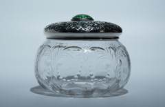 Exquisite glass powder jar, English, sterling silver lid